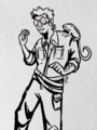 A digital black-and-white ink drawing of Val Hitherto, a Chinese trans man with short spiky hair. He is wearing a pair of round steampunk goggles and coveralls, and is holding a large gem up to inspect. A chameleon sits on one shoulder.
