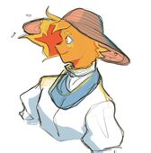 A digital drawing of Hellmouth Sunbeams pitcher Miguel James, a player who is made entirely of fire. She's wearing a white blouse with puffy sleeves, a light blue scarf, and a tan sunhat. She has blue eyeliner on that is the same shade as her scarf.