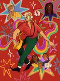 A digital drawing of Rhys trombone. He is a thin white man with large circular glasses, white hair, a red button down shirt, green pants, black shoes, and trombone earrings. He is holding a saxophone, which has a rainbow of colors emerging from it and wrapping around behind him. In the background, there are many star shapes, and some containing Sandoval Crossing, Velasquez Meadows, Esme Ramsey, Zack Sanders, Randall Marijuana, and Emmett Internet.