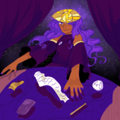 A digital drawing of Sunbeams player Borg Ruiz. Bo is a Latine individual with lighter brown skin and long wavy purple hair. Bo is wearing a loose dark purple shirt with large detached sleeves and a golden mask shaped like an eye, pushed up so that Bo's face is visible. Matching dark purple curtains frame Borg, who is seated in front of a table, where a single dollar, purple calculator, receipt, pencil, and blaseball with eyes drawn on it float above the table's purple tablecloth. Bo has both hands spread over these items, and the background is a starry night sky.