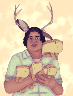 A drawing of Jaime Sánchez, a Mexican person with dark, graying hair, rabbit ears, and antlers. They are wearing a teal button-up and holding multiple breads with legs, with one sitting on their shoulder.