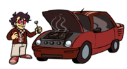 A digital drawing of Engine standing by a modified truck racecar. He is wearing a Steaks jersey and jacket as he holds grill instruments and smiles. The car's hood is open, revealing a modified grill where steaks are cooking.