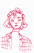 A pen drawing of Lou Roseheart. The first one is a bust drawing in red ink. Her hair is pulled partially up in a bun and the rest is loose around her shoulders. They are wearing a turtleneck and a large flannel, and is looking to the right with a relaxed open mouth expression. /end image description