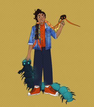 A digital drawing of Perseo "Percy" Mariposa Friendo, a young Latine person. He is wearing a blue jean jacket over an orange button-down shirt, dark pants, and orange shoes. An orange house centipede, Amun, is posed on xir shoulders. It has bitten one of Percy's fingers, which has begun to create an amber scab. A bioluminescent millipede, Halo, is posed by Percy's legs, and Percy is patting its head.