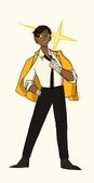 A digital drawing of Jayden Wright. She is a dark skinned woman wearing a dress shirt and black dress pants and shoes, and a yellow suit jacket that she's wearing draped over her shoulders. Her hands are wrapped in bandages and she's pulling on the collar of her shirt.