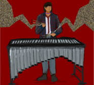 A digital drawing of Arturo Huerta playing the vibraphone with a static effect coming from his drumsticks. Arturo is a Mexican-American person with a curly brown mullet and medium brown skin. He is wearing a dark blue and red flannel over a faded red and blue jersey. They have a bi pride necklace.