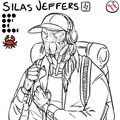 An uncolored line drawing of Silas Jeffers with their team, stats, and position displayed above. Silas is a middle aged tarantula person with four arms and a spider face. Silas wears a pair of earphones over a cap, has long hair tied in a low ponytail, and wears a large backpacking backpack over an open jacket.