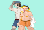 A digital drawing of Mike Townsend and Tillman Henderson in beach wear. Tillman is a fat man with gold top surgery scars and gold all over him. Mike is a tall man with shadows all around him.