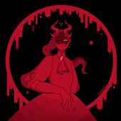 A digital drawing of Harriet Gildehaus, a sharply-dressed demon with 4 horns and heart-shaped jewellery. She is framed by a dripping circle, and the entire image is colored exclusively in shades of red.
