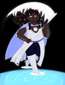 A digital painting of Velasquez Meadows. Meadows is a medium brown skin black person with long, thick locs and dark brown eyes with a white glow. Meadows wears a long, white, sleeveless robe with depictions of the moon around the edges, a long pale blue cape, and tall, white, boots with heels. Meadows has silver clasps around their locs and dangling, silver moon earrings. Meadows has glowing white moon tattoos down their arms and on their chest. They hold a glowing white scythe with teeth along the bottom. Meadows is walking standing on white platforms of moonlight over bright blue water, staring down at the viewer and smiling. The background is black.