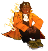 Digital drawing of Sunbeams player Jayden Wright. Jayden is a woman with medium brown skin, short brown hair, a set of exposed bones that emerge from her hairline, as well as exposed bones on her knuckles. They are wearing a golden yellow suit jacket with the collar popped over a dark button down shirt and ruffled white cravat, dark pants, and olive green sneakers with bone accents on the side.