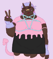 A drawing of Winnie Mccall from blaseball making a peace sign at the camera. She is a fat black woman with demon horns and a tail. She is dressed in pastel goth attire, including decorative makeup on her cheeks, a pentagram harness over her shirt dress and a durag.