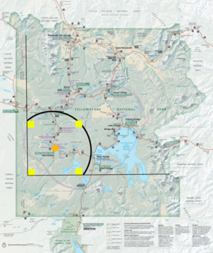 A blaseball diamond superimposed on a map of Yellowstone National Parkpark