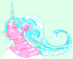 A bust drawing of Logan Horseman from Blaseball. Logan is a thin, bright pink man with horse ears, long flowing hair, and a unicorn horn. Both his horn and hair are made of water and sea foam with fish swimming around in it.