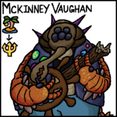 Digital artwork of Mckinney Vaughan. Mckinney is a being constructed from many Cambrian creatures, with an opabinia for a head and two anomalocaris for arms. It is wearing a jean jacket decorated with many pins, a black crop top, and blue jeans. It is holding a guitar constructed out of an old ship wheel and driftwood.