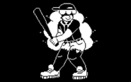 A black and white pixel sprite of Raúl Leal from Blaseball. He is standing up to bat. He is wearing a backwards baseball cap and his fluffy hair is covering his eyes. His hair is also glitching.