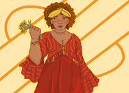 A digital drawing of Summers Pony, a Black woman with curly textured hair tied up by a cloth headband. She has light brown skin and freckles, and is wearing a flowy 70's-style red dress and holding yellow flowers in her left hand.