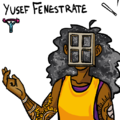 A digital drawing of Yusef, a skinny black person with a window for a face, long curly hair, and arm tattoos of sunflowers, an eclipse, and a blaseball. Both the window and the hair contain a greyscale universe. Xey are wearing a bright yellow tank top and a purple undershirt or binder.