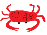 a drawing of a red crab. it has a large oval body, and eight limbs. it has two black eyes. it has the word "CLAB" written on it.