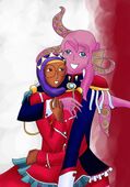 Hahn Fox, a pink skinned woman with squid tentacle hair, and Priya Fox, a dark skinned woman wearing a blue hijab, dressed as Utena and Anthy from Revolutionary Girl Utena