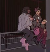 A digital drawing of Atlas Guerra and Edric Tosser. Both of them are sitting on a fence-like bar separating the sidewalk from the street. A red fence and random building are behind them. They are both sitting more to the right of the picture, with Atlas to the left of Edric. Atlas is wearing a light purple grey baggy hoodie, dark grey leggings, and chunky athletic shoes. Her hair is a dark brown and is cut short to her shoulders, and is somewhat wavy with bangs. She is holding a coconut bun. Edric is dressed in baggy red plaid pants and a large grey jacket covered in various punk patches. His hair is styled into a floppy mohawk mullet dyed a purple-pink color at the ends, and he has a pink grocery bag looped around his right arm. They are holding a pineapple bun with butter in their left hand, and is facing Atlas as though they are having a conversation./ end image description