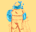 A sketch of Goobie Ballson. He is a fat slime man in a firefighters outfit and a baseball cap that is covering his eyes. The slime he is made up of is blue and parts of him are bubbling or dripping off.