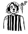 A black and white digital drawing of Domino, an android wearing a striped sleeveless shirt and goth clown makeup. They are listening to music from headphones attached to a port in their shoulder, and a faraway satellite is shown in communication.