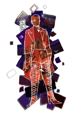 A digital drawing of Odysseus Nobody, a humanoid figure wearing lace up thigh high boots, and a jacket. They are just an outline. The background is made up of a collage of images, outlining Nobody's form, showing various buildings, the front page of a Moab News paper, a sports field, a street sign, a classroom, among other things. The images beneath Nobody are red, while the others are dark. Nobody has one eye, and there are other eyes scattered on the darker images. Nobody appears to be looking at the viewer.