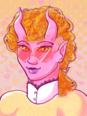 A digital bust drawing of Hellmouth Sunbeams player Harriet Gildehaus, a pink demon person with forehead horns, yellow eyes, and pointed ears. They have a curly golden mullet with a slight undercut above their ear, pink and gold heart shaped glasses, purple lipgloss, and gold dangly heart earring. They are wearing a light yellow dress with a round sleeves and a white high, buttoned collar trimmed with lace. They are smiling slightly and looking at the viewer.