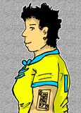 A digital drawing in profile of Megan Ito, a fat Japanese woman with close cropped black hair and a tattoo of a Jack of Hearts playing card on her arm. She is wearing a yellow Shoe Thieves uniform.