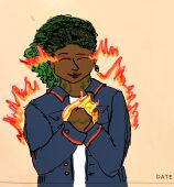 A traditional-lined digitally-colored drawing of Paula Turnip wearing Landry Violence’s denim jacket. Paula is a Black woman with brown skin and dark green textured hair that is pulled up into a high ponytail that becomes brighter green towards the ends. She has green vine markings on her neck and hands. She is holding both hands to her heart and smiling with her eyes closed, and a flame encircles both her hands. She has red-orange eye makeup and red lightning bolts are arching out from both her eyes and off her shoulders. She has little green leaf dangly earrings and mauve lipstick.