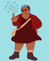 A fullbody drawing of Shaquille Torres from Blaseball making a finger-gun gesture at the viewer. Shaq is a fat, Spanish Roma, trans man with dyed blue braids and an undercut styled to look like a chessboard. He is wearing an unbuttoned flannel over a knee length dress with heart shaped sunglasses.