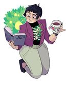A digital drawing of Sunbeams player Son Jensen. Jensen is a Korean person with short black hair and an exposed ribcage with vines growing where a heart would be. She is wearing a purple suit jacket, light khaki pants, and simple black shoes. She's reading from a textbook titled \"Law?\" in her right hand, and holding a \"State University\" mug with two teabags in her left.