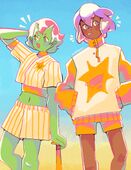 A digital drawing of Sunbeams Eugenia Bickle and Hahn Fox. Bickle is depicted as an orc with green skin, two small horns, and short, pink hair. They're wearing a Sunbeams' uniform with a crop-top jersey, and are leaning back with one hand on their bat. Hahn is a black woman with short purple tentacles for hair. She's wearing a big yellow and white hoodie over shorts, and has her hands shoved in the hoodie pockets.