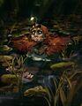 a digital painting of finn james, a white woman with wavy red hair, a glowing anglerfish lure, and eyes with black sclera and glowing pupils. she's in a dark lake with lilypads and flowers surrounding her, submerged up to her mouth.