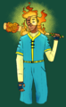 A digital drawing of Snyder Briggs from Blaseball, a person with medium brown skin, dark brown eyes, and firey hair. Their right eye glows, and the right side of their face is on fire. They wear a blue and yellow laced-up shoe thieves jersey, with a beige undershirt and dark blue gloves. They are holding a bat over their shoulder in their right hand. The bat is made of pale wood, and has vines with orange flowers in place of tape. It also has orange roses wrapped around it near the top. They have a distant look on their face. The background is dark green, with a yellow circle around Snyder’s head.