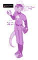 Digital drawing of Coolname Galvanic on a blank background with purple-pink messy colors. Coolname is an anthropomorphic dinosaur wearing a traditional blaseball uniform, shades and a sour expression. Lightning pours out of his eyes and zaps around the feathers on his head, which resemble hair. Three pointy fingers on each hand, catcher's mitt on one, ball in another. Captioned "Much nicer outside games" and "full of (literal) energy".