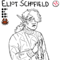An uncolored line drawing of Eliot Schofield with his team, stats, and position displayed above. Schofield is a young black man with rectangular glasses, a nice knit sweater, and long curly hair in a low pony tail. He holds a sock puppet dog in one hand.