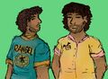 Two digital drawings of Juan Rangel, a Latino man with curly brown hair, brown skin, and patchy facial hair. in one picture he is facing away from the screen so that you can see his teal Pies jersey that says Rangel, and in the other he is facing towards the screen and displaying his yellow and pink Delphy Cakes jersey.