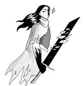 A digital drawing of Nagomi Nava from the waist up. She is a Japanese woman with long black hair flowing behind her wearing a tattered cape that drapes over her right shoulder. The Passenger is depicted as a black sword with eyes floating around it, and the black shadow of it creeps up the arm she is using to hold the sword.