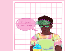 A digital drawing of Sunbeams player Guy Gulp from the waist up. He is a black man with a short afro and a hearing aid in his left ear. He is wearing a tie-dye shirt and work apron along with a fashionable clear visor and sunglasses designed to look like slime is dripping from them. He has a neutral expression and a slurpee in front of him and is saying \"I just work here.\"