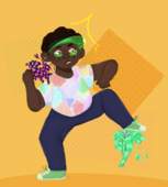 A drawing of Sunbeams player Guy Gulp. Guy is a short, chubby Black person with a short afro, dark brown eyes, and a hearing aid. Guy is wearing a faded tie dye shirt, jeans, green sneakers, a green transparent visor, and small, oval shaped green glasses made to look like they're melting. Guy is surrounded by two little imps, one made of a pink and black checkered design with a sad looking face and one made of green goopy material with a happy looking face. The green one is hanging off of guy's foot while he stands on one foot looking down at it surprised. The pink one is balancing on Guy's shoulder. The background is bright orange with various dotted rectangle designs.