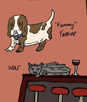 Fammy and War are respectively a three-legged basset hound and a grey cat. War sits irritably on top of a bar counter.