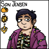 Digital artwork of Son Jensen. Jensen is a fat Korean person with short black hair, a tired expression on her face, and a large cavity in her chest exposing her ribcage. He is wearing a purple suit jacket, and is surrounded by various parasitic buttercups on vines. She is looking off to her left.