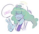 A digital drawing of Raúl Leal, a person with light blue skin and long green, fluffy hair. His bangs cover his eyes and he's wearing a white blaseball cap backwards. He's smiling and his hand form a peace sign, with a halo above his head. He is saying \"¡Dale!\"