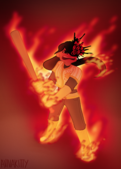 An illustration of Nagomi Nava going Magmatic. Nava is a Japanese woman with long black hair tied back in a ponytail and a black liquid-like entity with multiple red eyes that covers the area on her face where her left eye would be. She wearing a pinstriped crop-top Sunbeams jersey over a black undershirt, black pants, knee-high socks, and sneakers, and is standing with her feet shoulder-width apart, holding her bat in front of her with both hands as fire covers her entire body. The look on her face is vengeful.