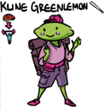 Digital drawing of Greenlemon, a small green person with a lemon for a head. Li is wearing all shades of pink, with a Lift blaseball cap, v-neck, cargo shorts, fanny pack, and hiking backpack.