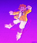 A digital drawing of Wyatt Mason VII. It is wearing a yellow jacket over a white jersey and white pants, which are paired with its signature rollerblades. A pair of yellow headphones with a sun design rest on its shoulders, and its smiling. the background is a blue-to-purple gradient.