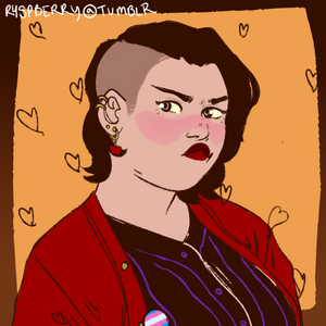 An image of Parker Meng, a chubby woman with an undercut, red lipstick and a transgender pin. She has a fierce expression.