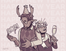 An image of Nerd Pacheco and Lars Taylor together at a new year's party. (They get to be in casual winter clothes instead of their uniforms, because it's siesta time!) Nerd is wearing a party hat and studying a pair of novelty glasses in the shape of the numerals 2021. Lars is holding Nerd's arm with one hand and a glass of champagne in the other, and wearing a pair of those 2021 glasses — the hole in the zero fits nicely over his single eye.